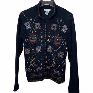 VINTAGE YARNWORKS Black Cardigan Ugly Christmas Sweater